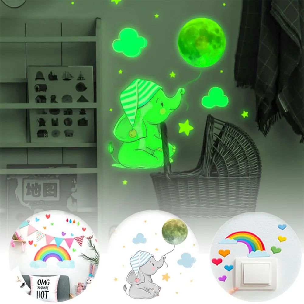 stickers muraux décoratifs enfants nuages lune étoiles arc ciel cœurs phosphorescents opaques animateurs