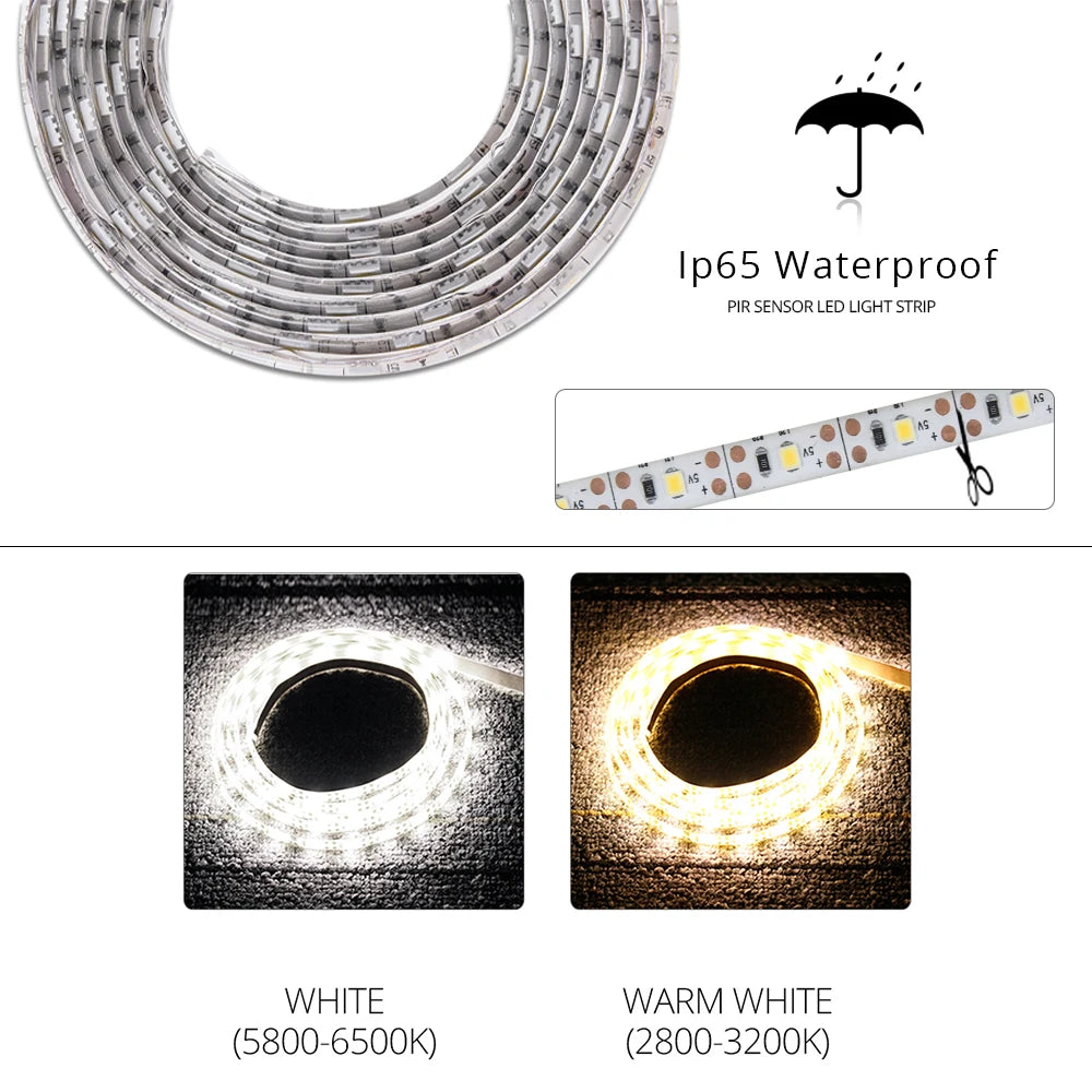 bande led détecteur mouvement blanc blanc chaud moderne adhésif 1m 3m 5m étanche veilleuse