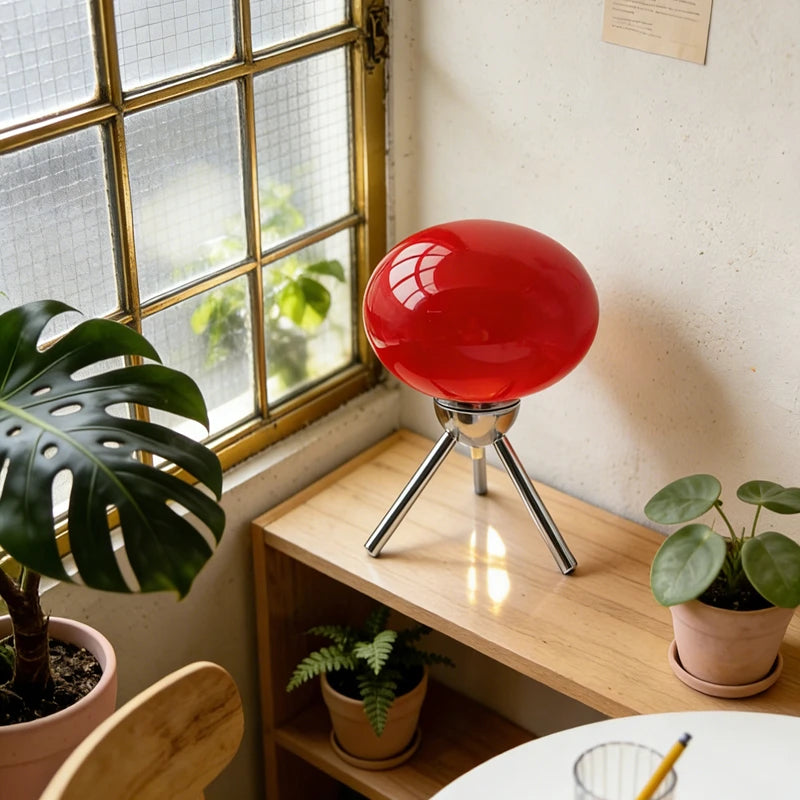 lampe table moderne rouge verre mat pieds métalliques flux lumineux led blanc orange verte