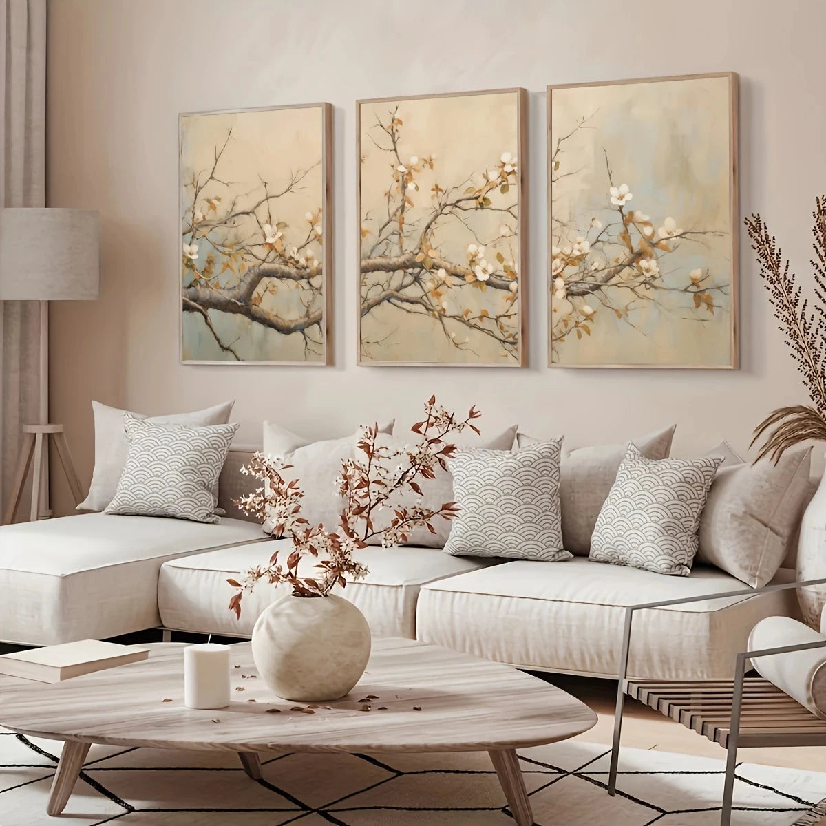 tableaux contemporains abstraits fleurs branches toile sans cadre minimaliste beige brun