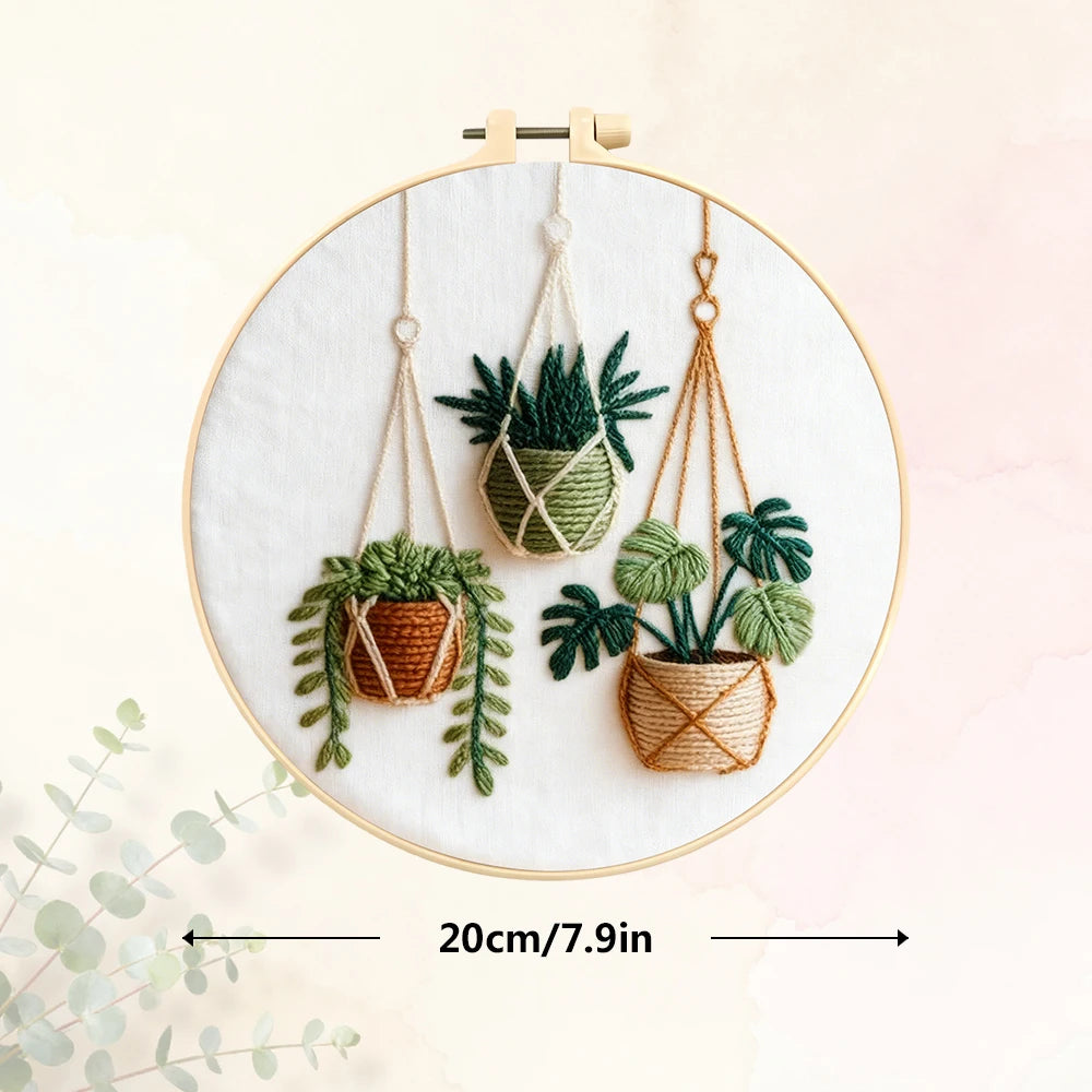 Kit broderie plantes suspendues tissu imprimé fils aiguilles cerceau instructions bohème artisanal débutants