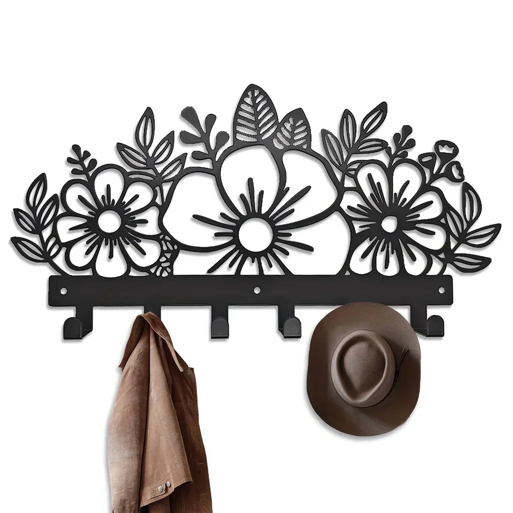 porte clés mural noir fleurs stylisées moderne crochets accrochables entrée chambre coucher decoration murale
