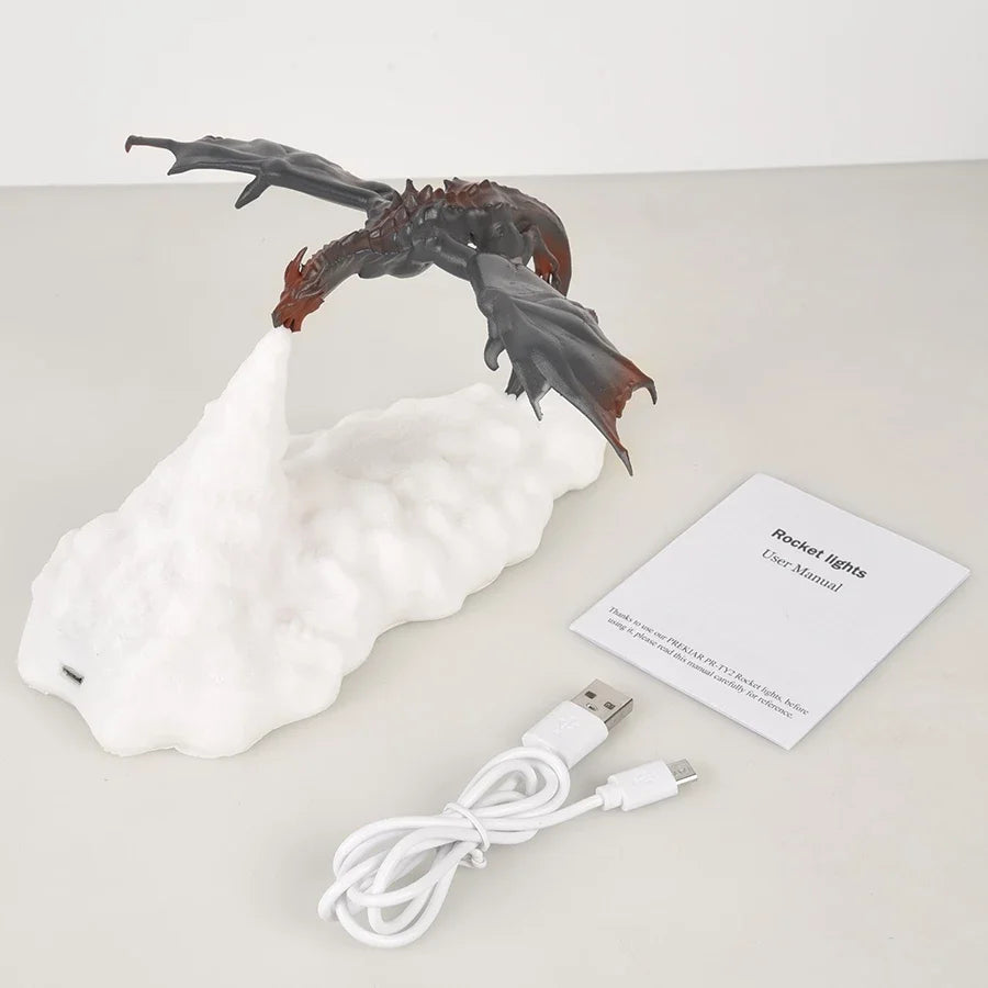 lampe led 3d imprimée dragon feu noir orange moderne veilleuse rechargeable usb magma