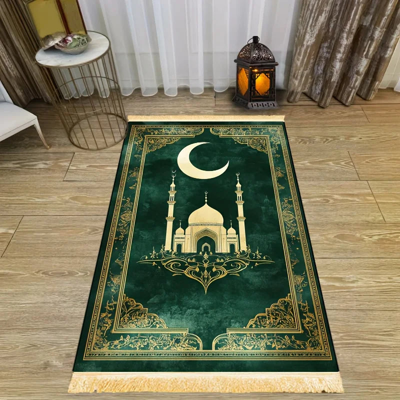 tapis vert foncé doré motif islamique mosquée lune polypropylène résistant décoration intérieure extérieure voyage
