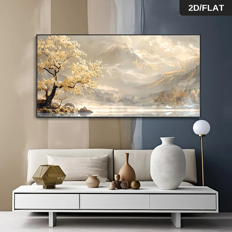 tableau decoratif moderne toile paysage montagneux arbre fleuri texturé beige marron doré blanc grisintérieur