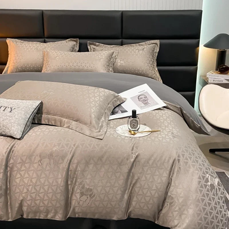 housse couette jacquard brodée ensemble pièces lit double gris clair contemporain fixations opaques microfibre