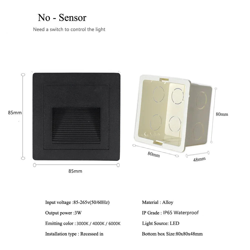Lampes murales encastrables LED modernes 3W noir argenté extérieures intérieures
