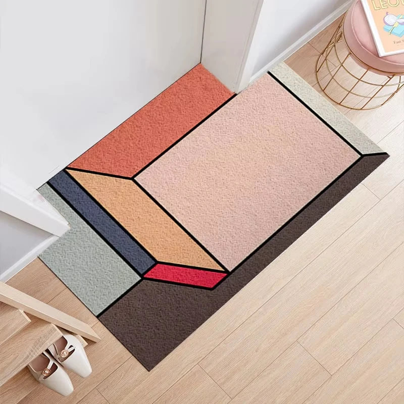 tapis d'entrée moderne motifs géométriques lettrage HELLO illustration canette soda orange blanc