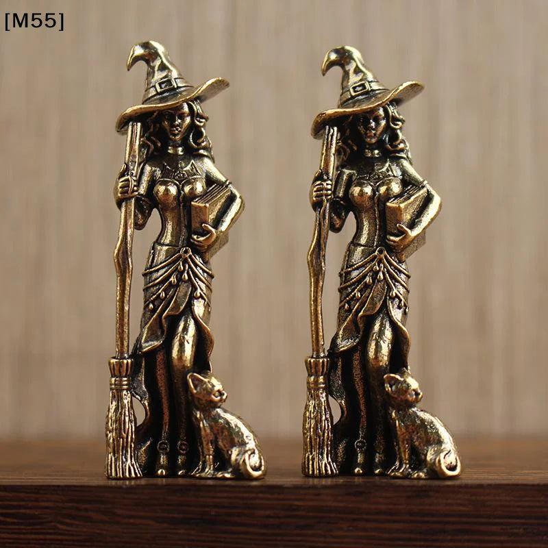 statuette sorcier bronze doré détails métalliques artisanal rétro chapeau pointu balai chat robe décoration
