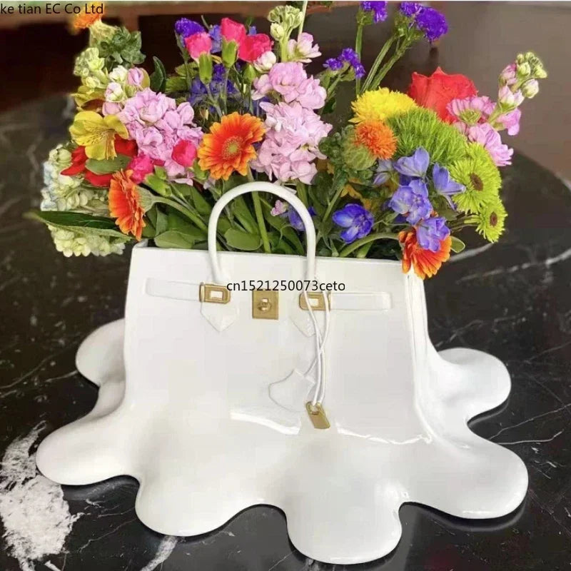 vase resine moderne sac birkin rose vif blanc doré élégant brillant 28cm