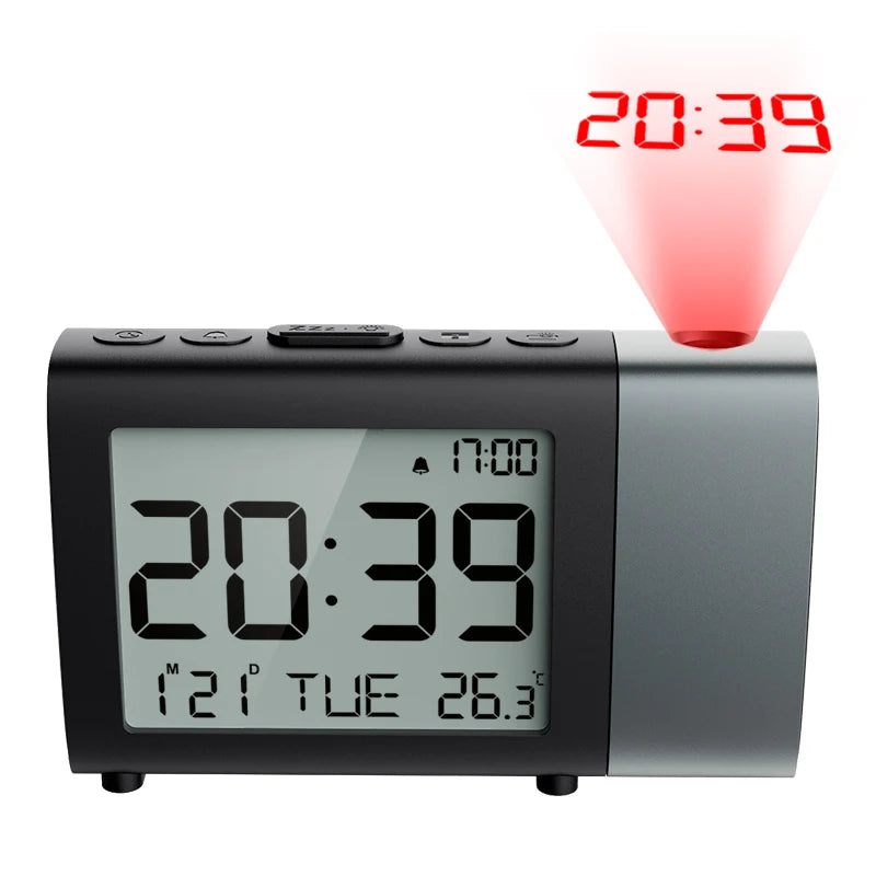 projecteur horloge numérique noir affichage lcd projection heure date température boutons contrôle moderne pieds