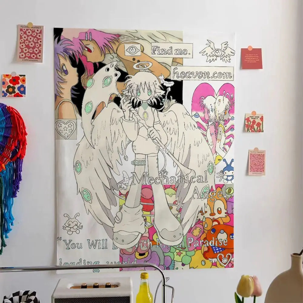poster mural multicolore illustration animée personnages stylisés motifs floraux opacité adhésif contemporain décoration chambre