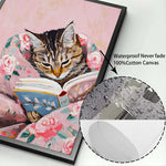 tableau peinture l'huile chat rose livre fleurs couverture couleurs classiques salon décoration