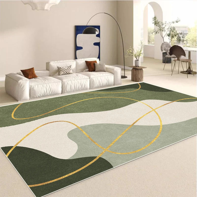 Tapis moderne de couleur verte et beige avec des motifs abstraits circulaires.