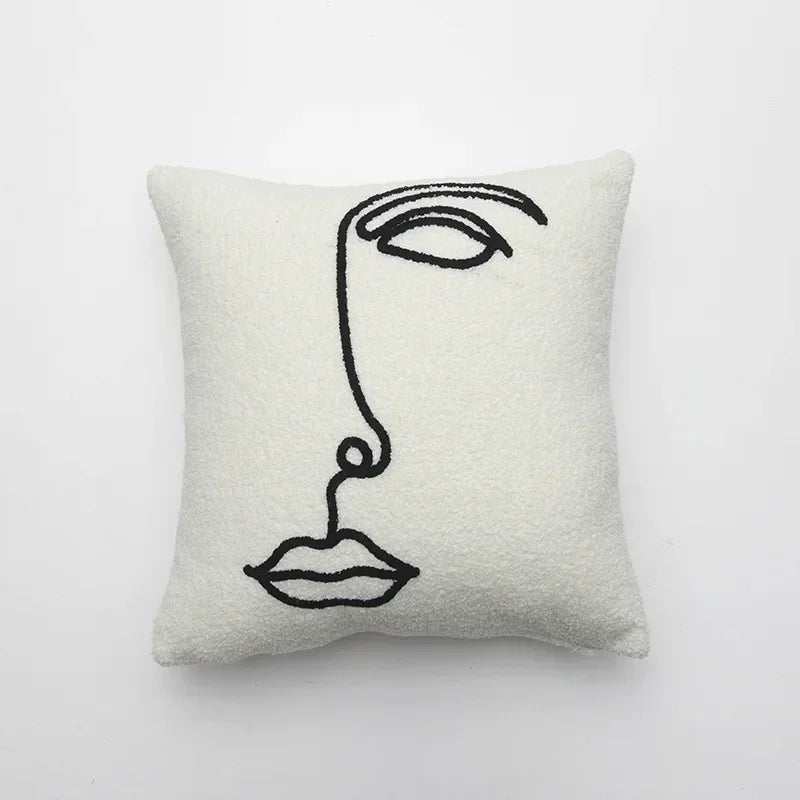 coussin abstrait brodé visages blanc moderne nordique 45x45cm decoration canapé chaise véhicule