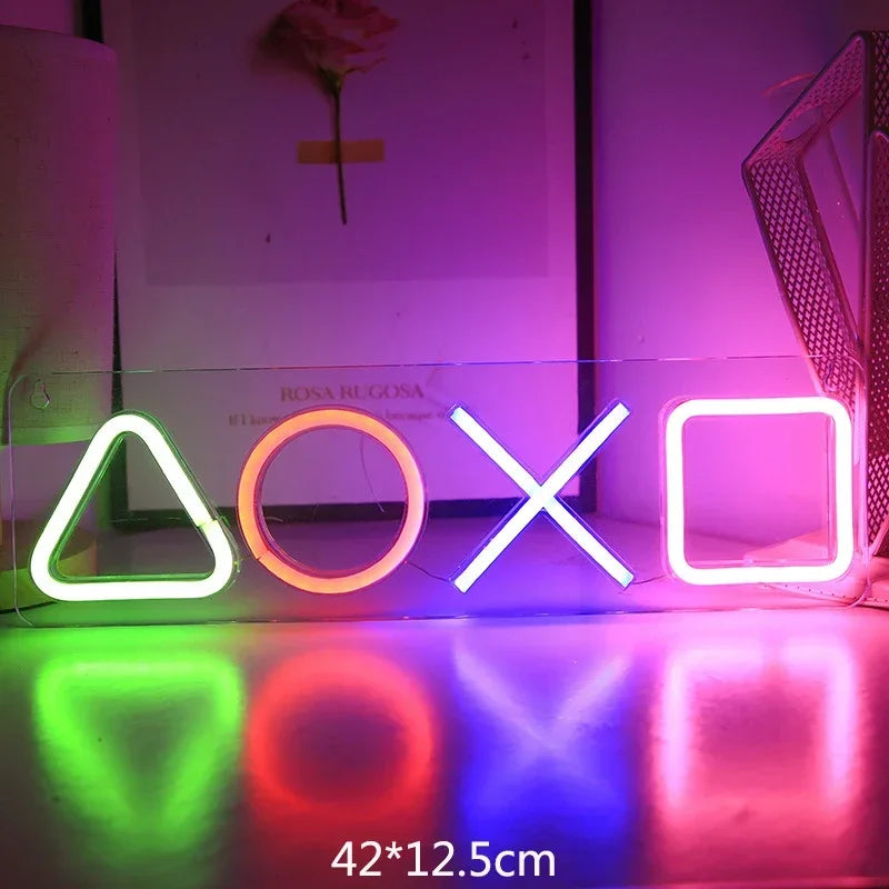 décoration lumineuse led symboles playstation manette jeu couleurs variées gaming moderne