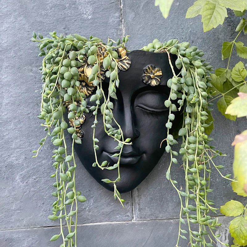 décoration murale résine sculpturale masque noir motif floral doré plante verte fixations