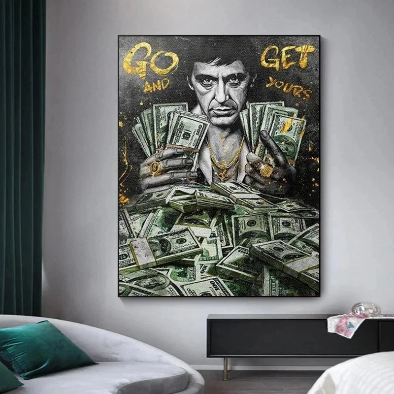 toile d'art portrait argent vert noir texte motivation contemporain réaliste billets banque