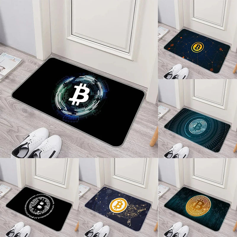 tapis d'entrée moderne motif bitcoin bleu noir doré antidérapant intérieur salon maison décoratif