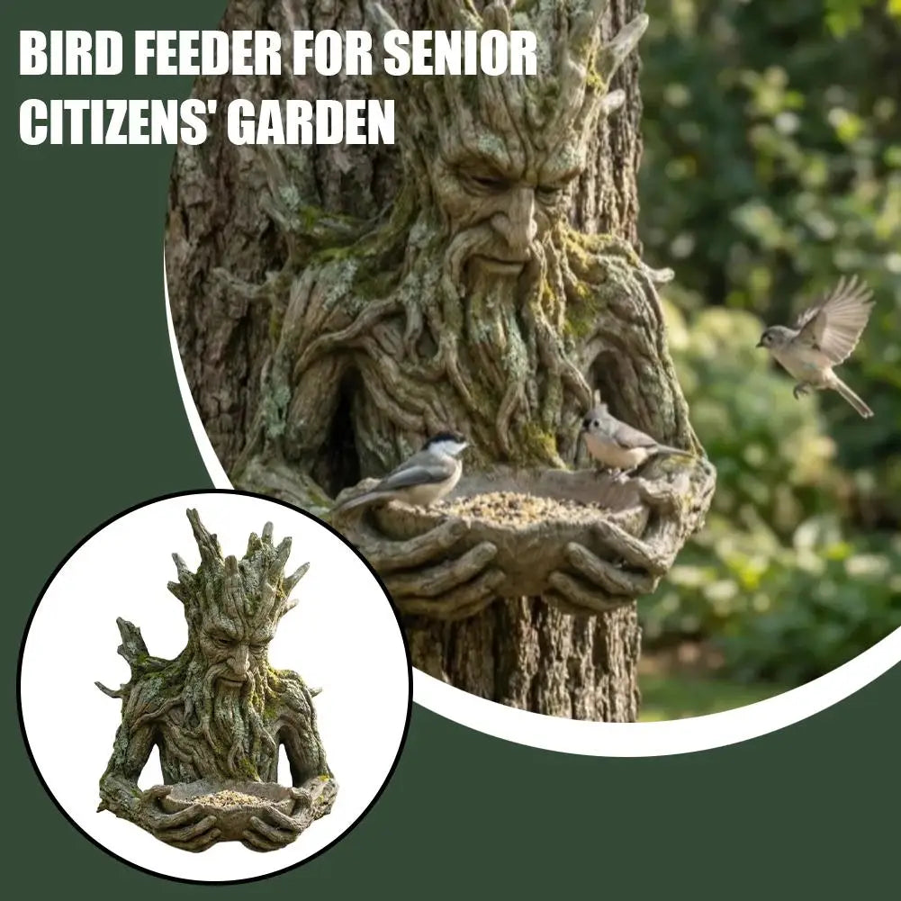 mangeoire oiseaux forme homme arbre verte deco jardin sculpture barbe cheveux naturelleextérieur forêt graines