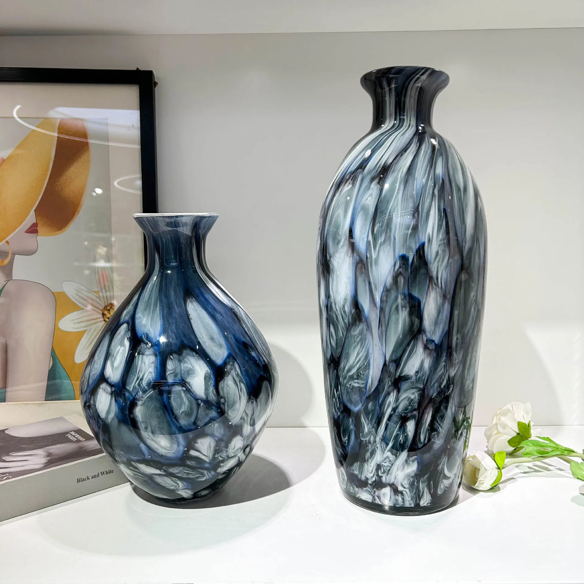 vase moderne verre émaillé bleu marbré pot fleurs décoration maison opaque