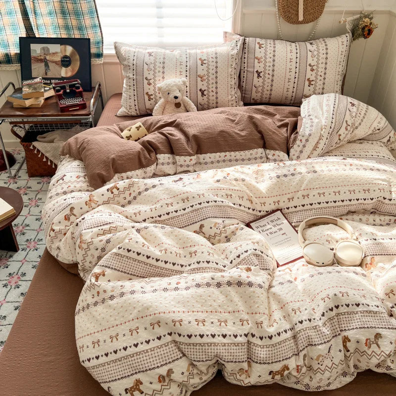 ensemble literie fleuri rose bleu marron clair coeurs taies d'oreiller housses couette doux moderne