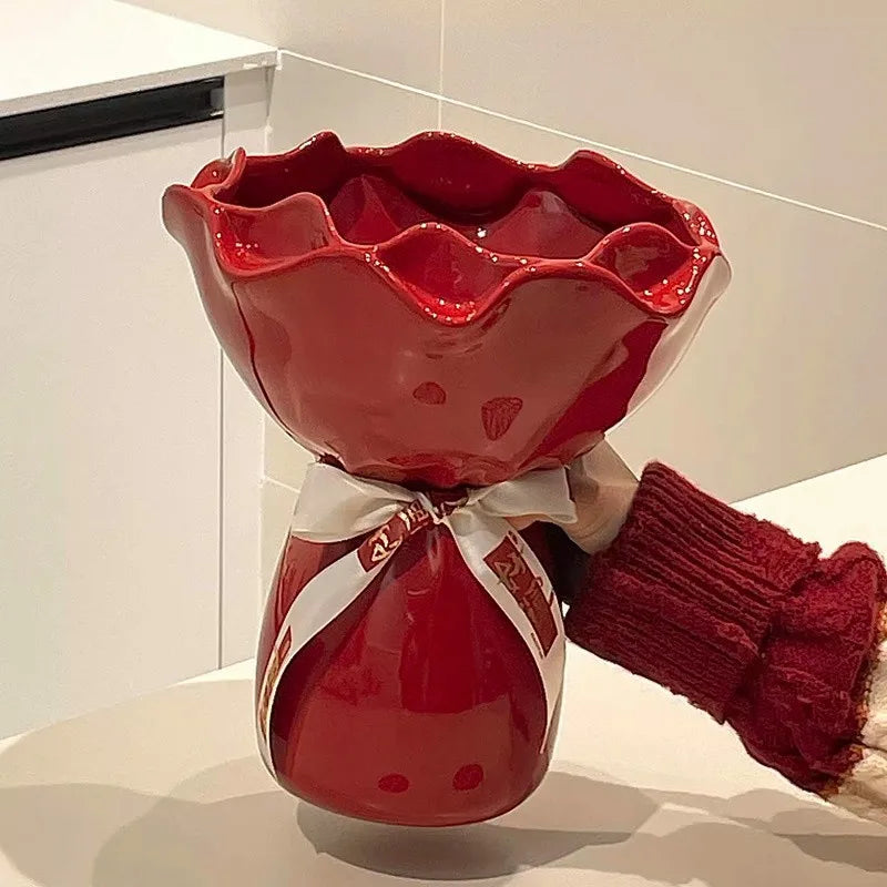 vase céramique moderne rouge vert rose décoratif ruban fleurs artificielles