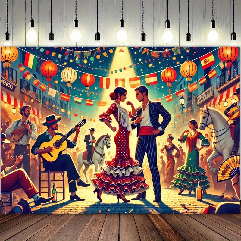 toile fond multicolore danseurs flamenco lanternes drapeaux musique événements festifs anniversaires mariages noëlnaissance