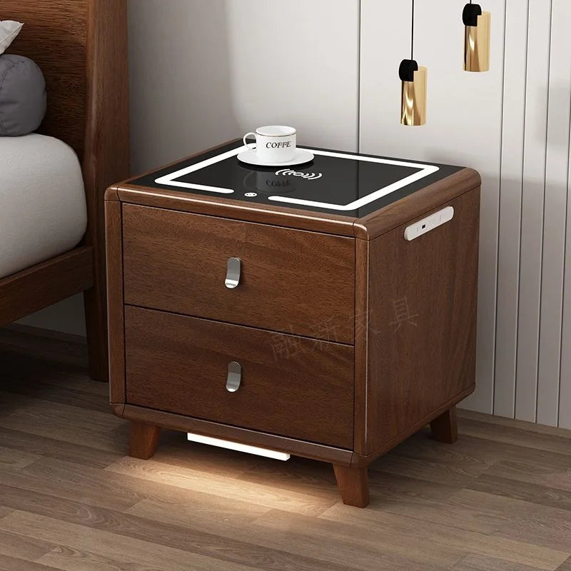 table nuit moderne bois blanc marron poignées métalliques chargeur sans fil