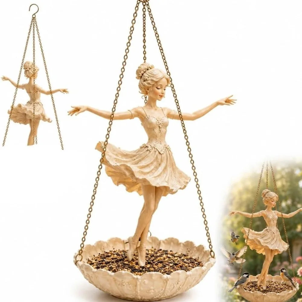 oiseau mangeoire suspendue danseuse classique bois sculpté main mur beige clair plante fleur vintageextérieur