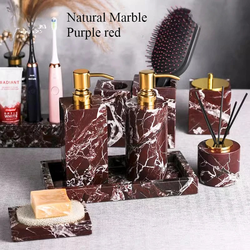 ensemble salle bain marbre rouge distributeur savon porte savon diffuseur huile essentielle moderne