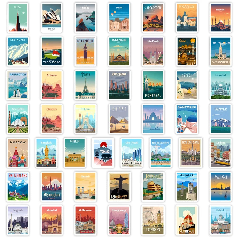stickers autocollants stickers urbains paysages vintage tons pastel adhésifs illustrations naturelles opaques set voyage