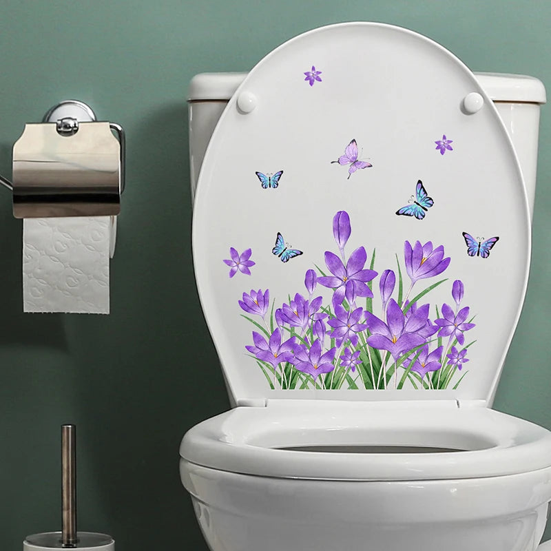 sticker mural papillon fleur violet herbe verte adhésif décoration maison salle bain salon chambre