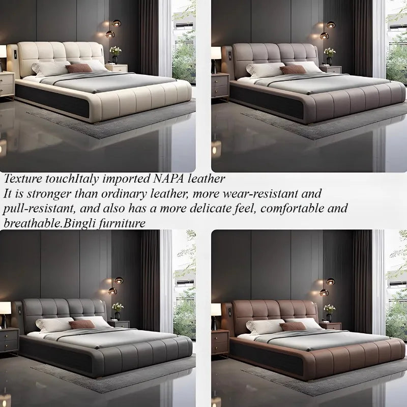 lit moderne minimaliste bois simili cuir beige gris porte chargement lumière douce chambre coucher