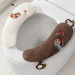 couvre siege toilette peluche blanc jaune imprimé chien doux decoratif anneaux métalliques salle bain