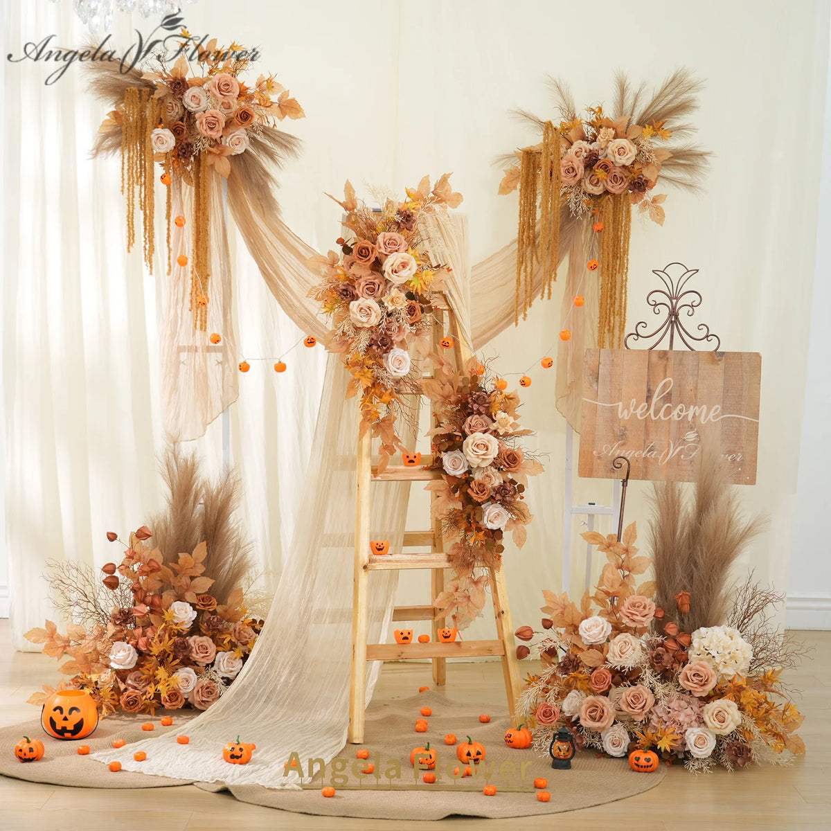arche décorative mariage anniversaire fleurs artificielles feuilles épis maïs tissu translucide classique romantique