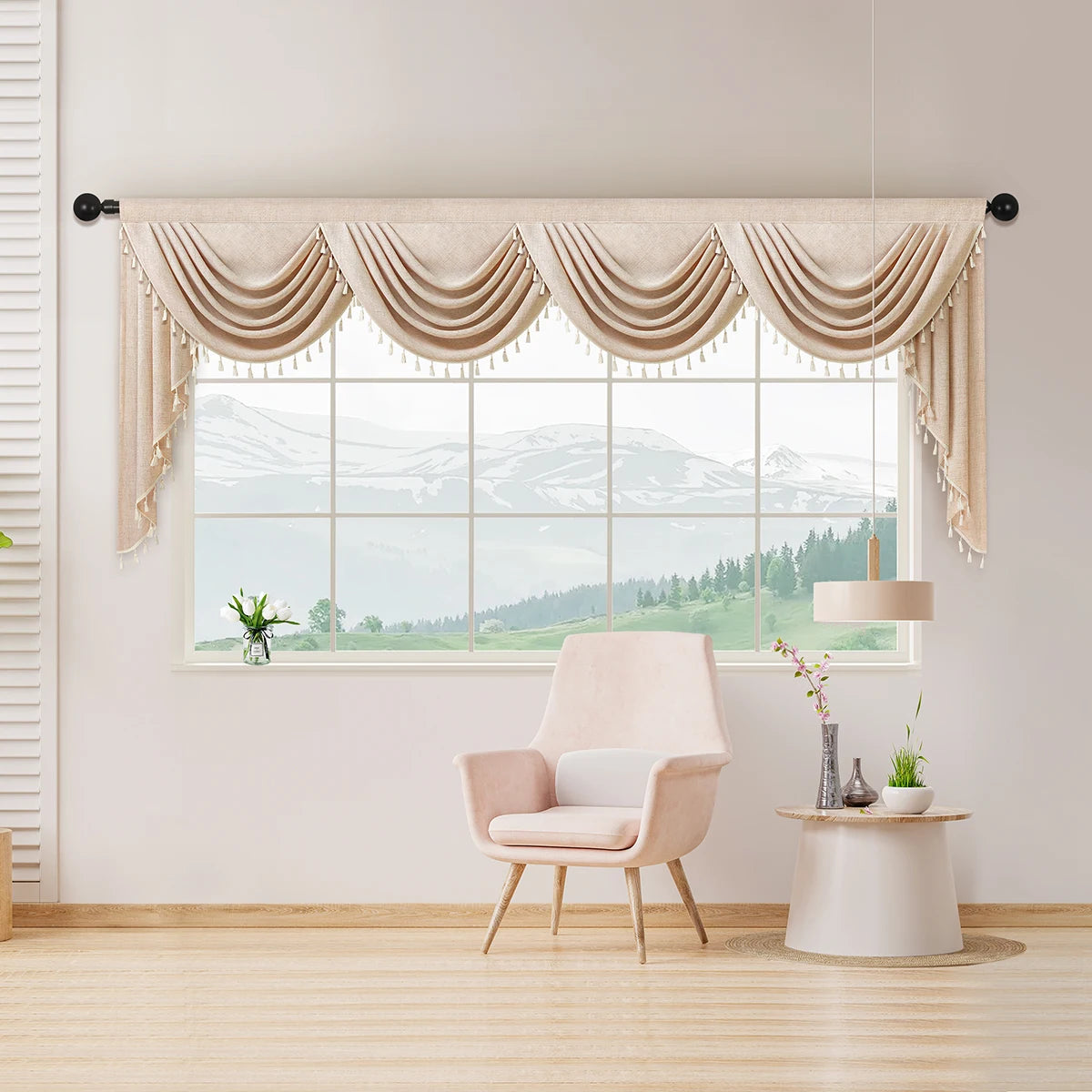 rideau polyester beige clair classique opacique 105cm largeur variable decoration fenetre cuisine salon