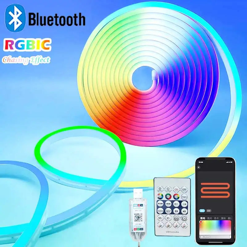 ruban led néon multicolore moderne contrôleur distant synchronisation musicale étanche rgbic brillant lisse chambre