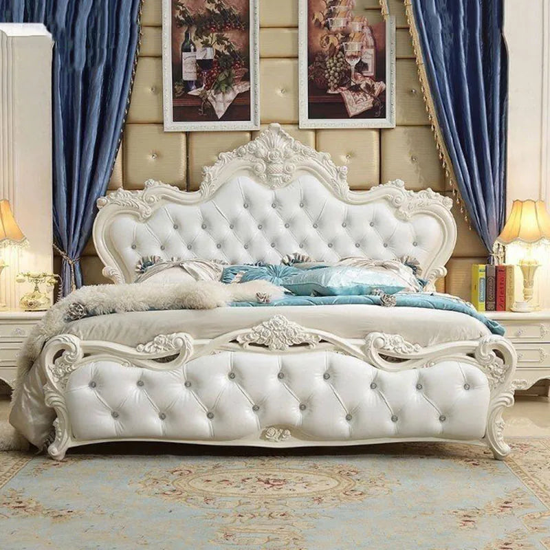lit double rustique européen tufté blanc rose pâle ornements sculptés moderne chambre coucher
