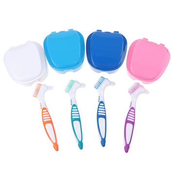 kit nettoyage prothèse dentaire outil multifonction brosse grattoir récipient couvercle support perforé blanc bleu