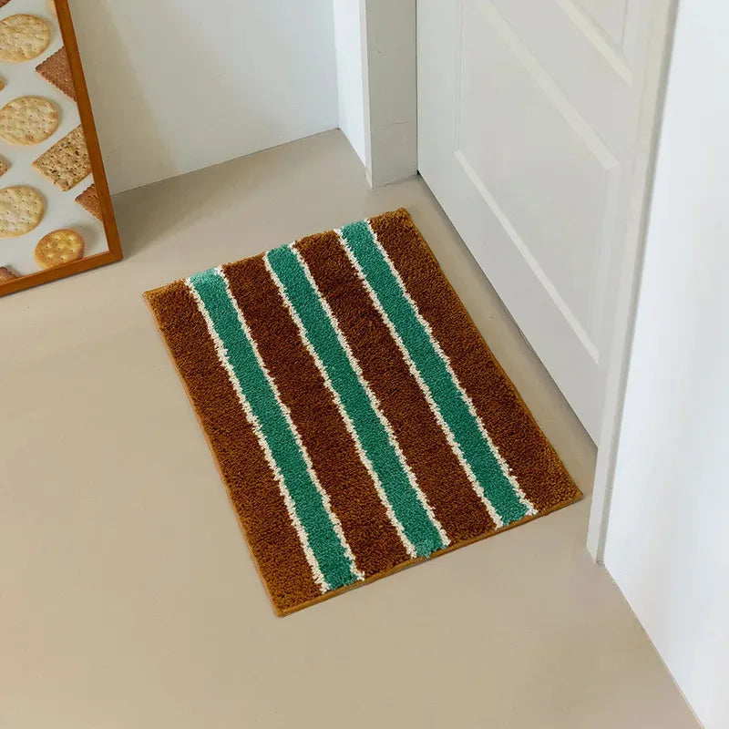 tapis rayé marron vert blanc moderne polyester imperméable lavable machine entrée couloir cuisine salle