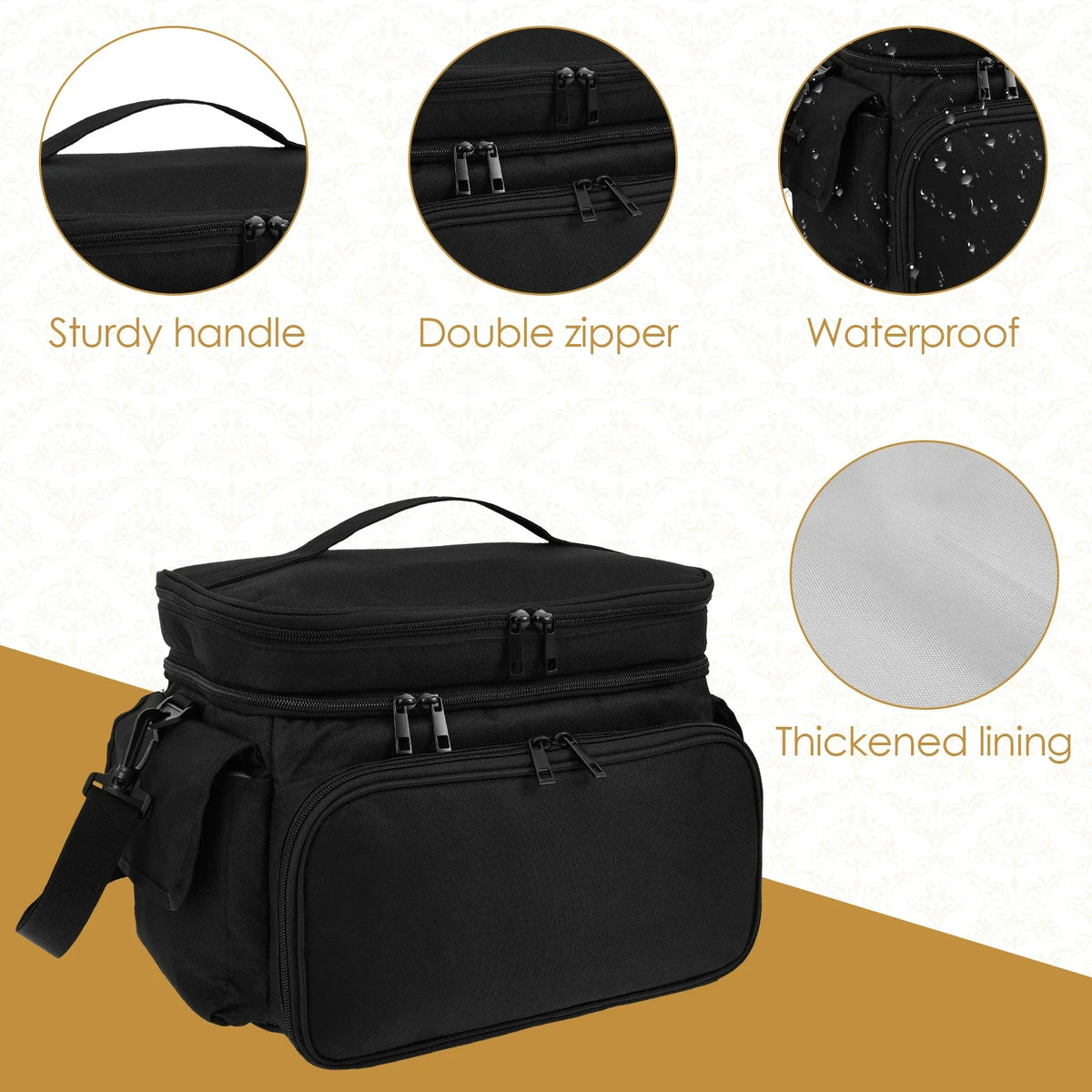 sac multifonctionnel noir organisateur poches transparentes bobines ciseaux aiguilles pinceaux mètre ruban sangles amovibles