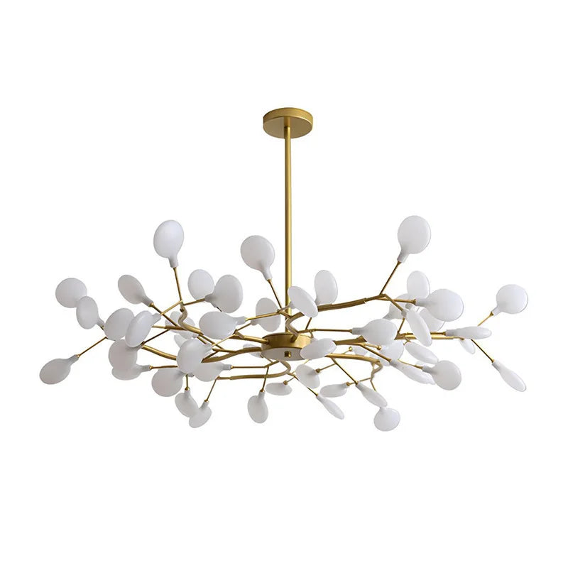 suspension lumineuse or blanc feuilles stylisées opalescente contemporaine 18 ampoules