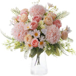 bouquets fleurs artificielles rose blanche bleue intérieur décoration maison panier tressé vases transparents