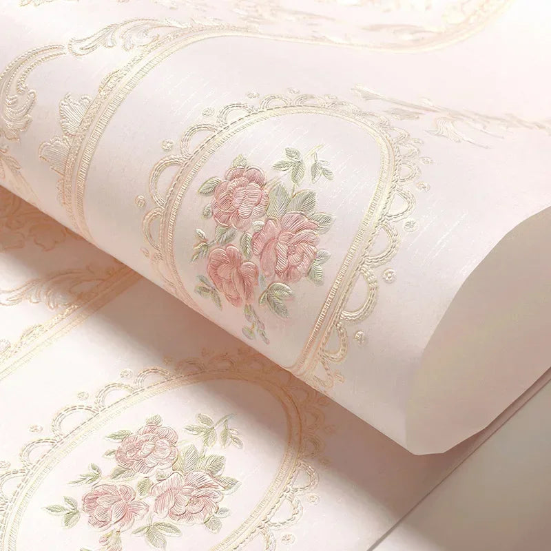 papier peint classique baroque fleurs roses beige rose clair bleu clair vertical adhésif imperméable