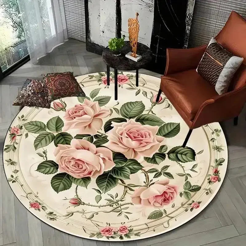 tapis rond floral rose fleurs classique intérieur décoration maison imperméable résistant blanc
