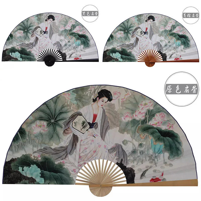 éventail traditionnel papier décoratif poignée bois motifs fleurs art ancien