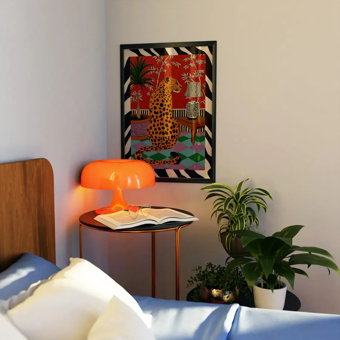 tableau moderne léopard pop art géométrique couleur rouge beige opaque vertical