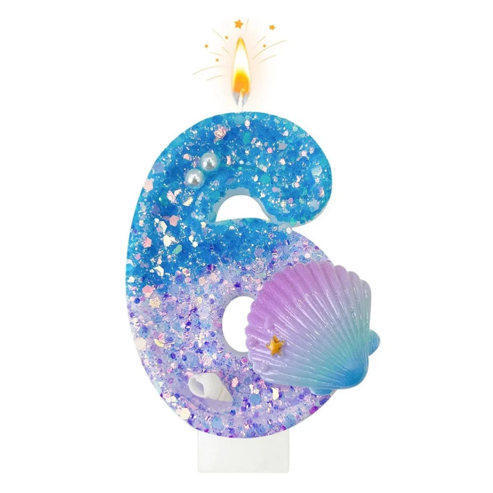 bougies numéraires paillettes sous marine coquillages décoratives anniversaire bleu violet blanc doré