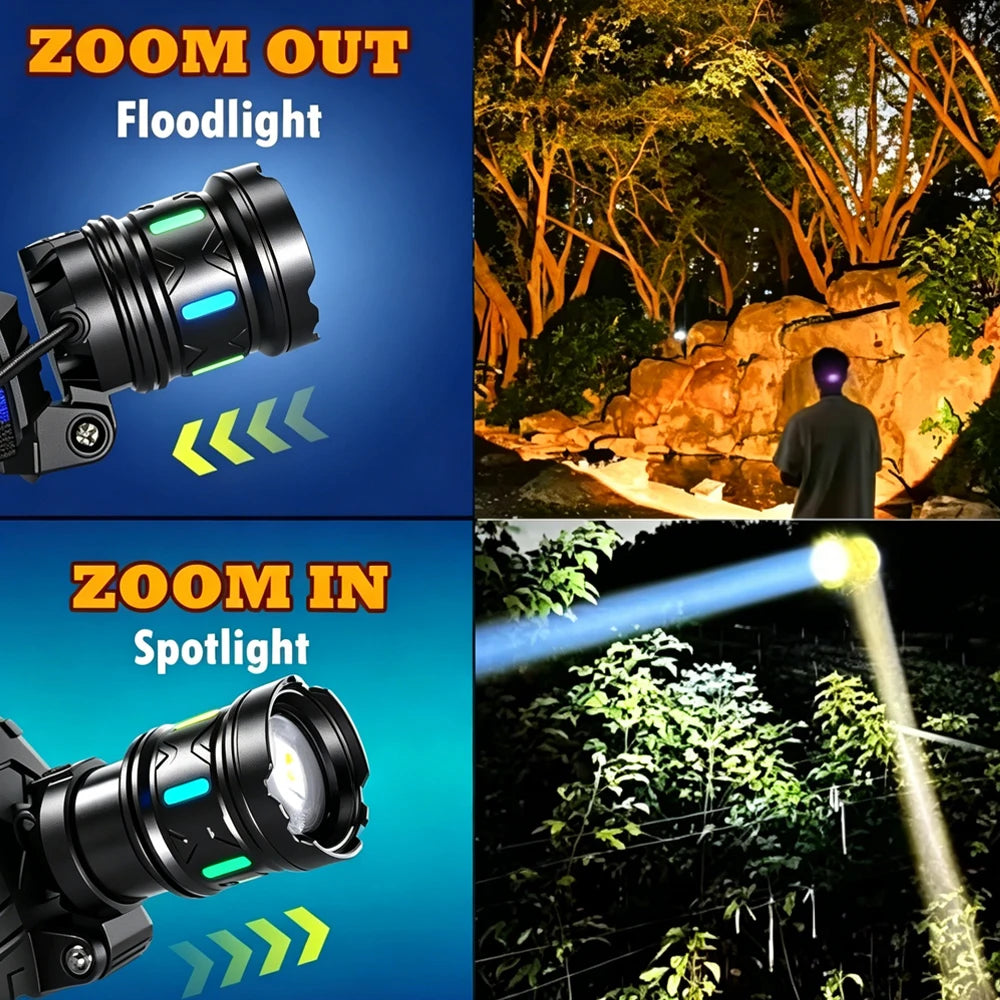 lampe frontale led rechargeable étanche ip65 noir multifonctionnelle randonnée camping course